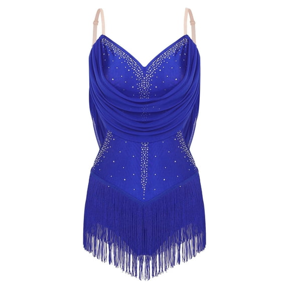 Jowowha Women Rhinestone Lyrical Latin Dance Leotard Spaghetti Straps Ruffle Camisole Cocktail Party Royal Blue S