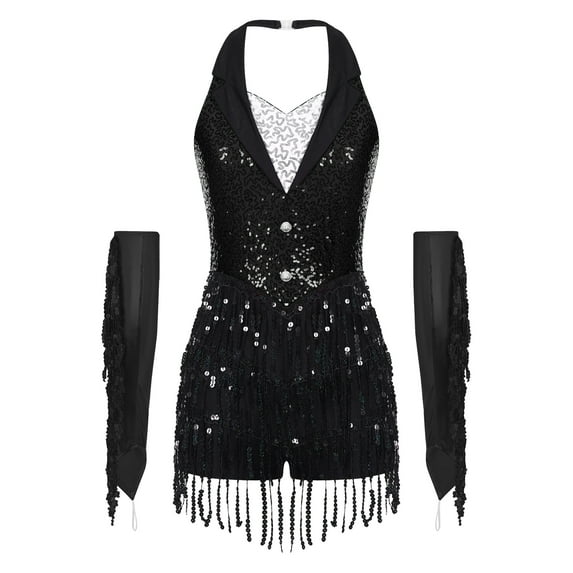 Jowowha Women Sequin Rumba Jazz Latin Dance Outfit Halter Backless Fringed Leotard with Gloves for Nightclub Black S