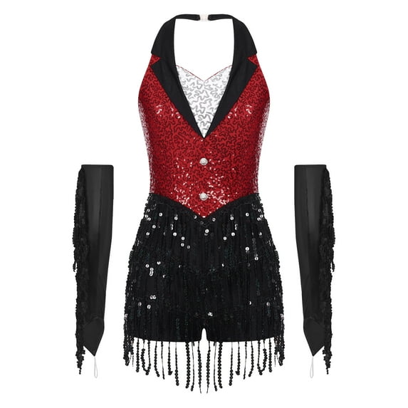 Jowowha Women Sequin Rumba Jazz Latin Dance Outfit Halter Backless Fringed Leotard with Gloves for Nightclub Red S