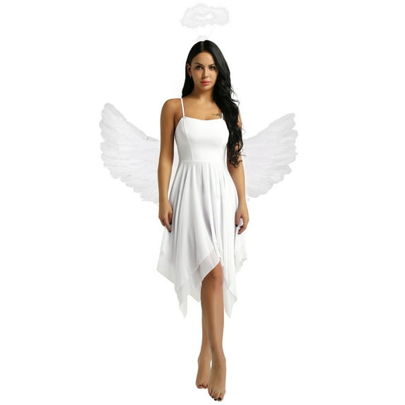 Jowowha Women Xmas Dress Carnival Party Angel Dress with Headband And White Wings White B M