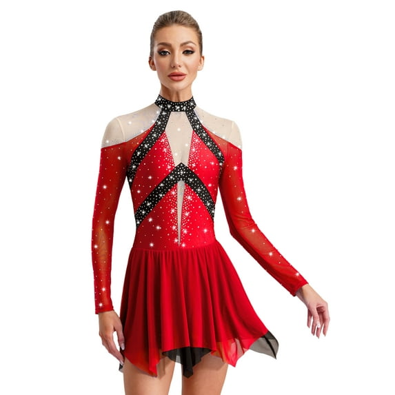 Jowowha Women's Color Block Figure Skating Dress Long Sleeve Asymmetrical Lyrical Contemporary Costume Red L