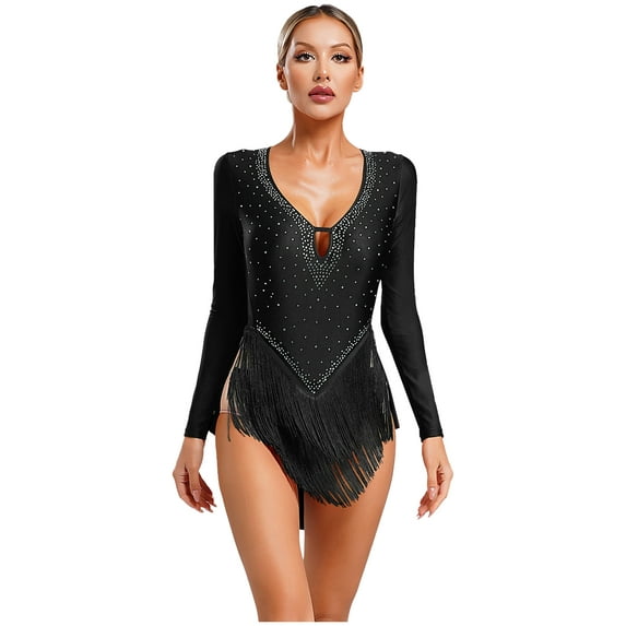 Jowowha Women's Fringe Bodysuit Rumba Tango Latin Dancewear V Neck Long Sleeve Dance Leotard Black L