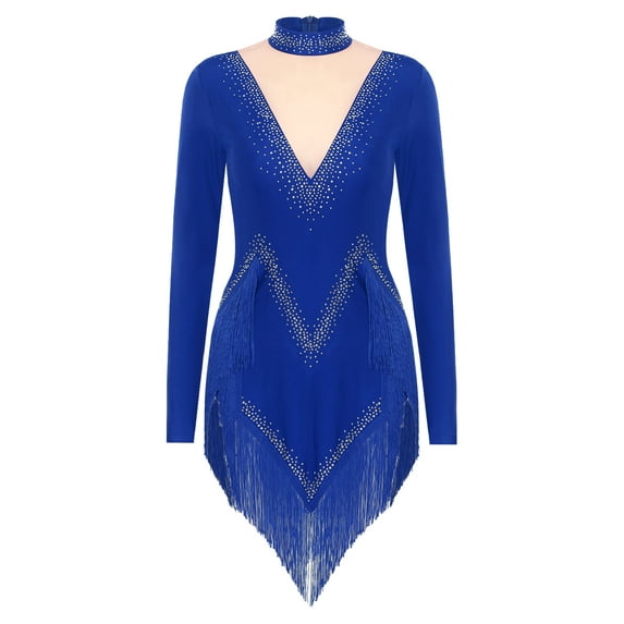 Jowowha Women's Latin Competition Dance Dress Tassel Long Sleeve Tassel Salsa Rumba Tango Blue XXL