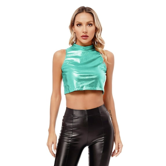 Jowowha Women's Metallic Turtleneck Crop Tank Top Slim Fit Dancing Tops Music Festival Street Look Lake Blue 14