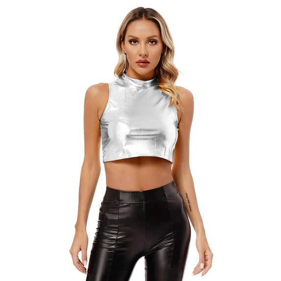 Jowowha Women's Metallic Turtleneck Crop Tank Top Slim Fit Dancing Tops Music Festival Street Look Silver 14
