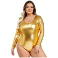 thumbnail image 1 of Jowowha Women's Plus Size Shiny Metallic Bodysuit Long Sleeve Sparkly Leotards Dance Tops Gold XL, 1 of 6