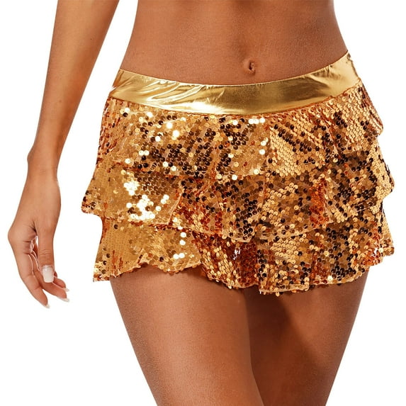 Jowowha Women's Shiny Sequin Ruffle Skirt High Waist Layered Hem Sparkle Glitter Mini Short Skirts Gold One Size