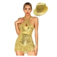 thumbnail image 1 of Jowowha Womens Jazz Costumes Sleeveless Fringed Bodysuit Shiny Sequins Tassel Leotard with Hat Gold S, 1 of 7