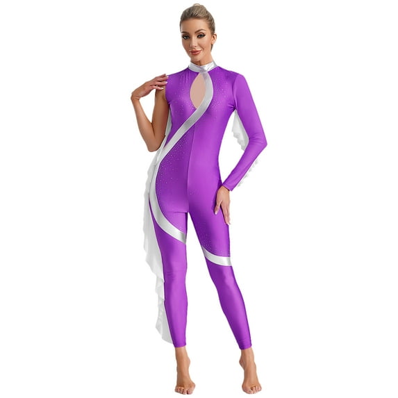 Jowowha Womens Metallic Dance Jumpsuit Shiny Rhinestones Full Body Leotard Rhythmic Gymnastics Dancewear Purple XL