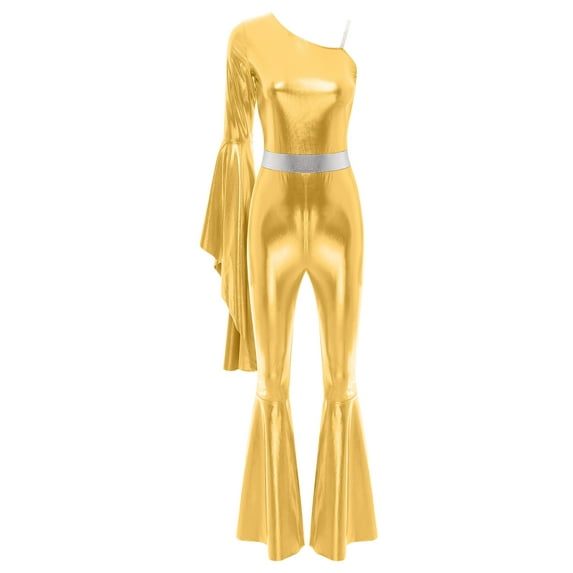 Jowowha Womens Metallic Shiny Flare Sleeve One Shoulder Bodysuit Hippie Bell Bottom Jazz Dance Outfit Gold XL