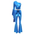 thumbnail image 1 of Jowowha Womens Metallic Shiny Flare Sleeve One Shoulder Bodysuit Hippie Bell Bottom Jazz Dance Outfit Royal Blue XL, 1 of 7