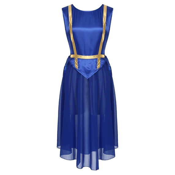 Jowowha Womens Praise Dance Dress Sleeveless Lace-up Sides Split Worship Dress Lyrical Dancewear Blue XXL