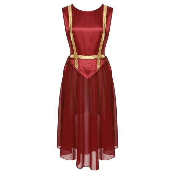 Jowowha Womens Praise Dance Dress Sleeveless Lace-up Sides Split Worship Dress Lyrical Dancewear Burgundy S