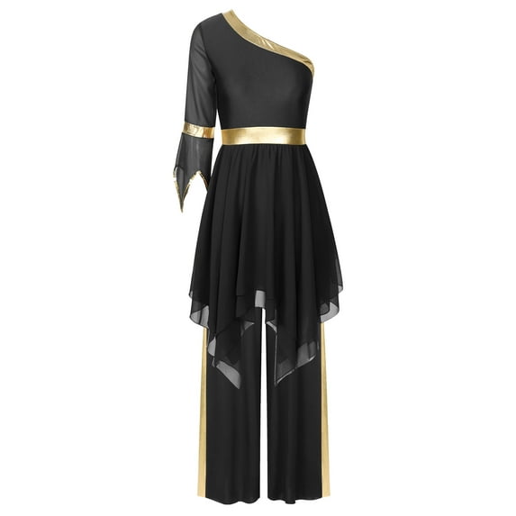 Jowowha Womens Worship Dance One Shoulder Flared Sleeve Praise Dress with Wide-Leg Pants Liturgical Black XXL