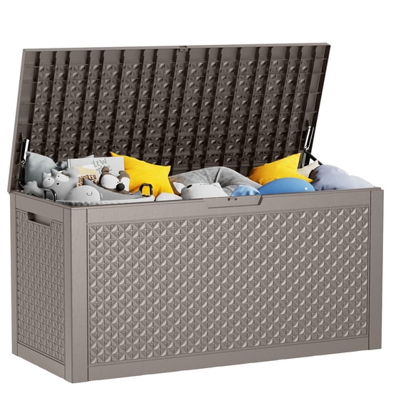 Joxxoaa 100 Gallon Resin Deck Box, Lockable Patio Outdoor Storage Box for Furniture, Garden Tools and Tools Storage, Waterproof Outside Storage Boxes - Patterned Grey