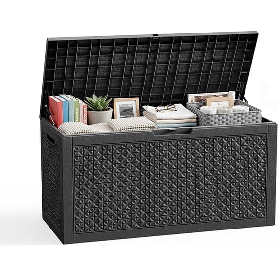 Joxxoaa 100 Gallon Resin Deck Box, Lockable Patio Outdoor Storage Box for Furniture, Garden Tools and Tools Storage, Waterproof Outside Storage Boxes - Patterned black