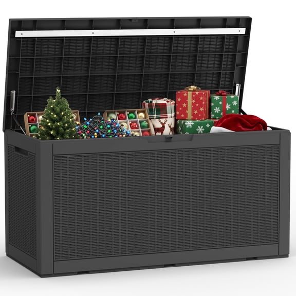 Joxxoaa 110 Gallon Outdoor Deck Box, Waterproof Resin Rattan Patio Storage Box with Lockable Lid, Weatherproof Storage Container for Patio Cushions, Garden Tools, Pool Supplies, Black