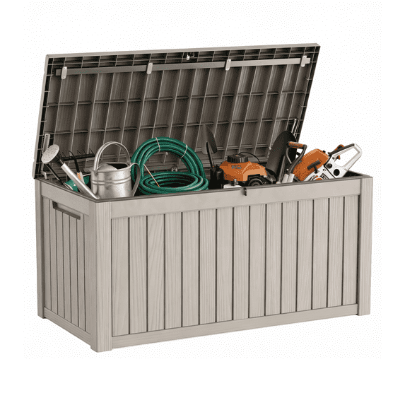 Joxxoaa 150 Gallon Outdoor Storage Box Waterproof - Outside Resin Deck Box, Lockable Storage Bin for Patio Furniture,Garden Tools,Cushions,Pool Accessories(Grey)
