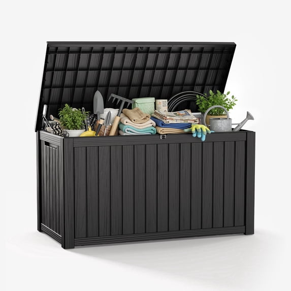 Joxxoaa 180 Gallon Resin Outdoor Deck Box Waterproof Patio Furniture, Garden Tools, Cushions, Pool Accessories Outside Storage (Black)