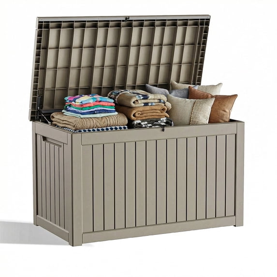 Joxxoaa 180 Gallon Resin Outdoor Deck Box Waterproof Patio Furniture, Garden Tools, Cushions, Pool Accessories Outside Storage (Grey)