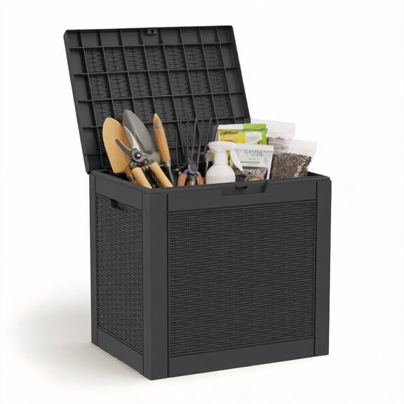 Joxxoaa 30 Gallon Resin Deck Box, Lockable Patio Outdoor Storage Box for Furniture, Garden Tools and Tools Storage, Waterproof Outside Storage Boxes - Black