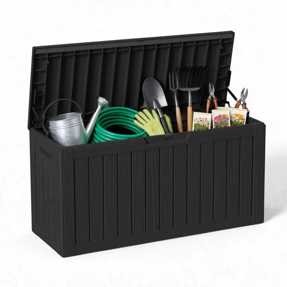 Joxxoaa 80 Gallon Resin Deck Box, Lockable Patio Outdoor Storage Box for Furniture, Garden Tools and Tools Storage, Waterproof Outside Storage Box - Black