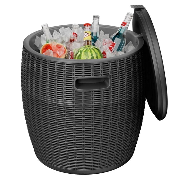 Joxxoaa 9.5 Gallon Outdoor Cooler Side Table, Resin Rattan Round Patio Cool Bar Table with Lid, Weather-Resistant Portable Ice Cooler for Patio, Pool, Backyard & Party(Black)/(Brown) Independence Day