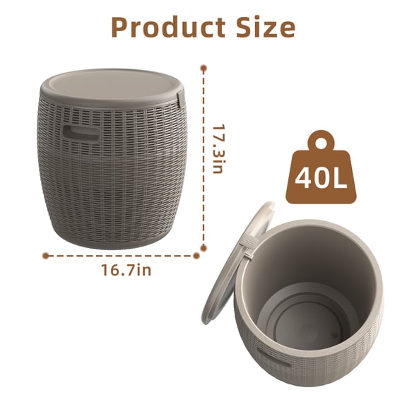 Joxxoaa 9.5 Gallon Outdoor Cooler Side Table, Resin Rattan Round Patio Cool Bar Table with Lid, Weather-Resistant Portable Ice Cooler for Patio, Pool, Backyard & Party(Black)/(Brown)