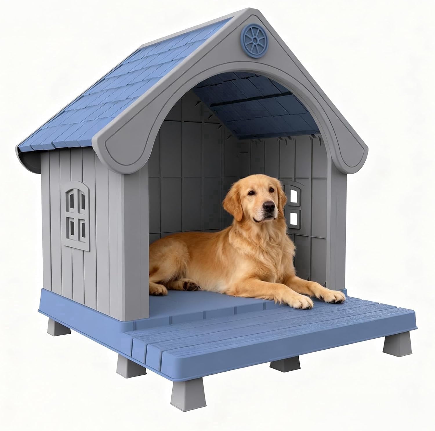 Joxxoaa Dog House Resin Dog Kennel with Cute Elegant Design & Extended Elevated Floor, Dog Houses for Large Dogs Outside Weatherproof for Indoor & Outdoor Use,Father's Day Gift