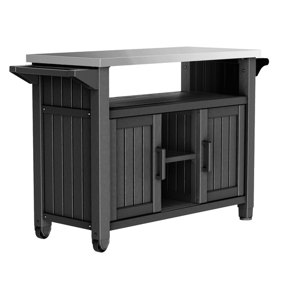 Joxxoaa Outdoor Grill Carts with Wheels,Kitchen Rolling Island with Spice Rack & Towel Rack, Knife Holder, Kitchen Island Cart with Trash Storage Cabinet, Mobile Island Table for Kitchen(Black)