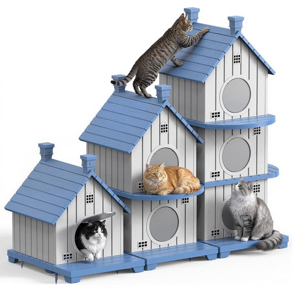 Joxxoaa Outdoor resin weatherproof cat house,ventilated and insulated for Cats,Kittens,Puppies,washable,easy to assemble,scratch and bite-resistant,non-stick to hair (blue)