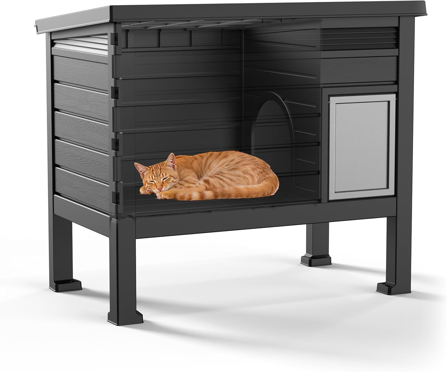 Joxxoaa Outdoor resin weatherproof cat house,ventilated and insulated for Cats,Kittens,Puppies,washable,easy to assemble,scratch and bite-resistant,non-stick to hair (black)