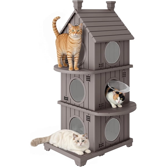 Joxxoaa Outdoor resin weatherproof cat house,ventilated and insulated for Cats,Kittens,Puppies,washable,easy to assemble,scratch and bite-resistant,non-stick to hair (gray)