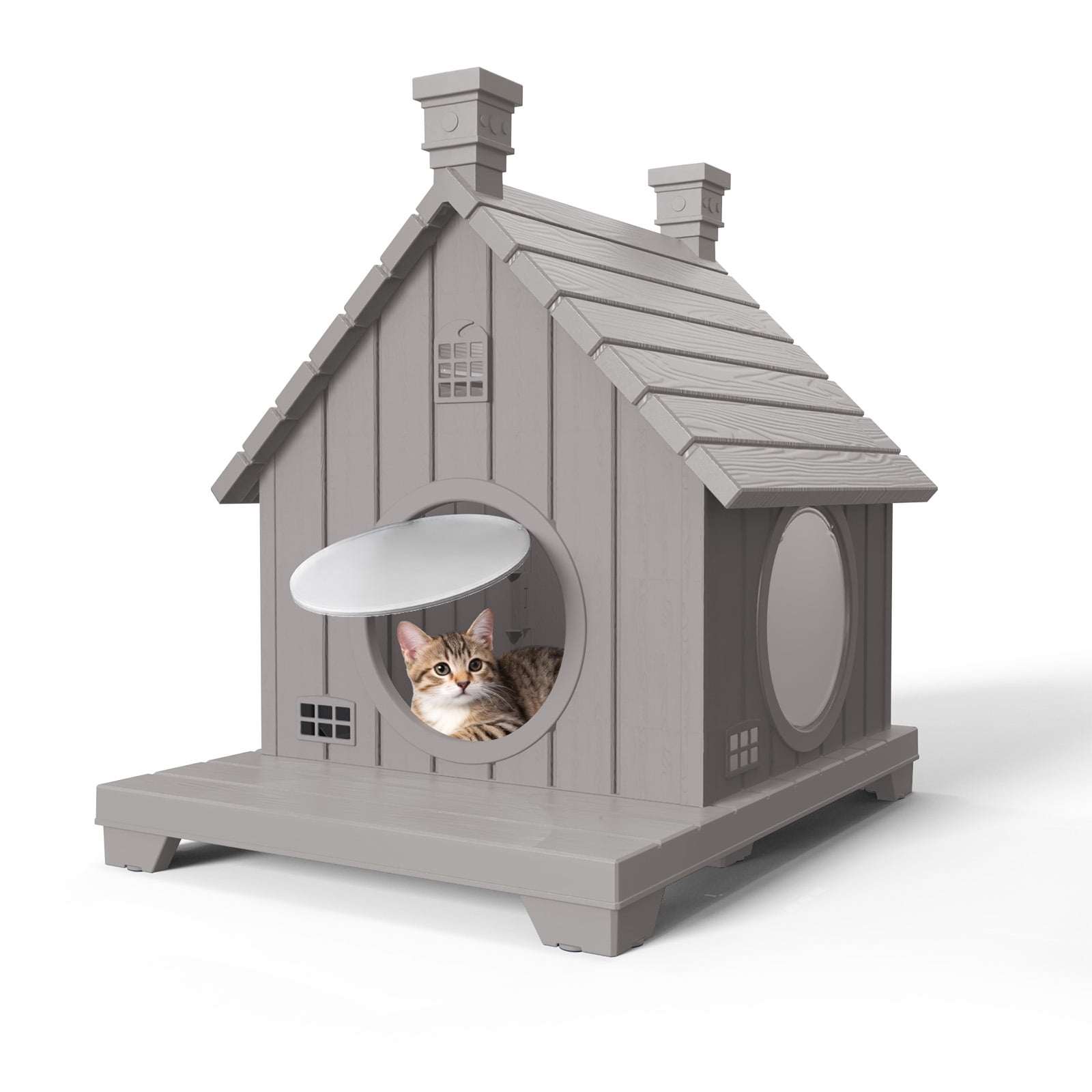 Joxxoaa Outdoor resin weatherproof cat house,ventilated and insulated for Cats,Kittens, Puppies,washable,easy to assemble,scratch and bite-resistant,non-stick to hair (gray)