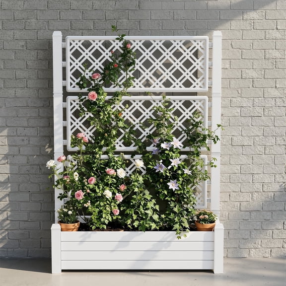 Joxxoaa Raised Garden Bed with Trellis for Climbing Plants, Outdoor Herb Planter Box with Drainage Plug & Water Gauge, Durable Resin for Patio, Balcony, Yard, Garden,Independence Day