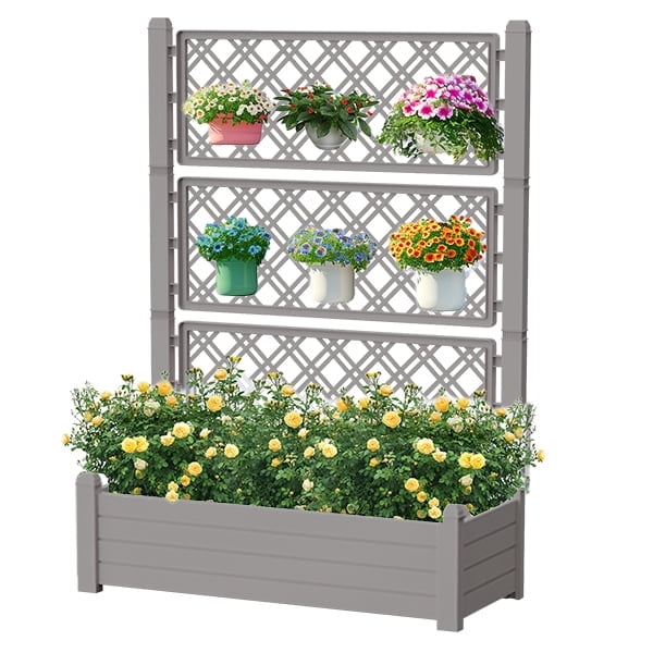 Joxxoaa Raised Garden Bed with Trellis for Climbing Plants, Raised Herb Garden Bed with Drainage Plug & Water Level Gauge, Durable Dust-Proof Resin Planter for Patio, Balcony, Backyard(Grey）
