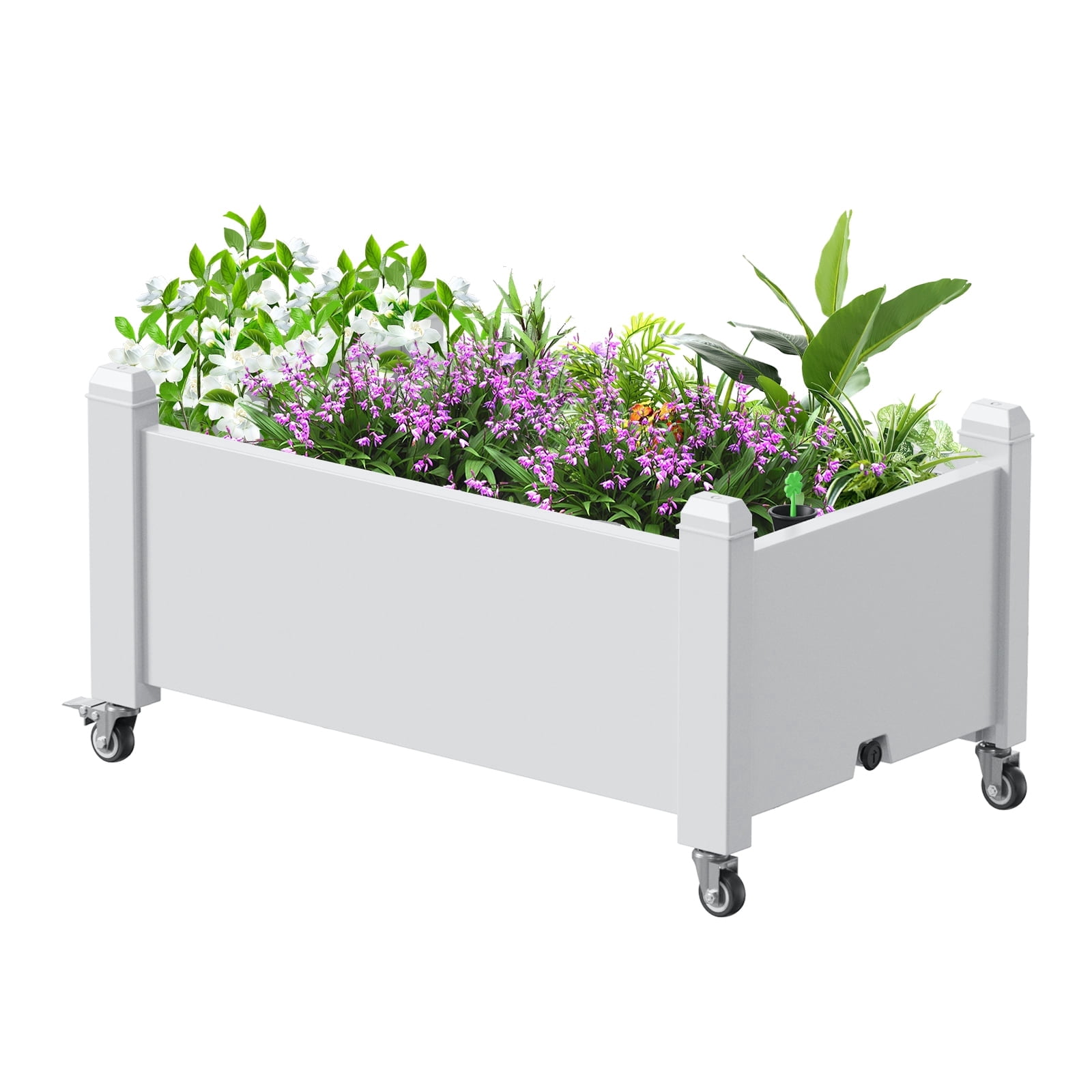 Joxxoaa Raised Garden Bed with Wheels,Self-Watering Raised Planter Box with Drainage Plug & Gauge for Vegetables Flowers Herbs Succulents, Rustproof Resin for Backyard Patio Porch (White)