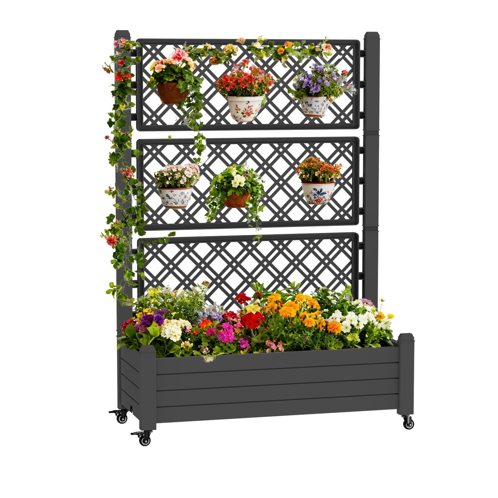 Joxxoaa Raised Garden Bed with Trellis, Large Outdoor Planter Trellis Box with Drainage Holes and Wheels for Climbing Plants.(Black）