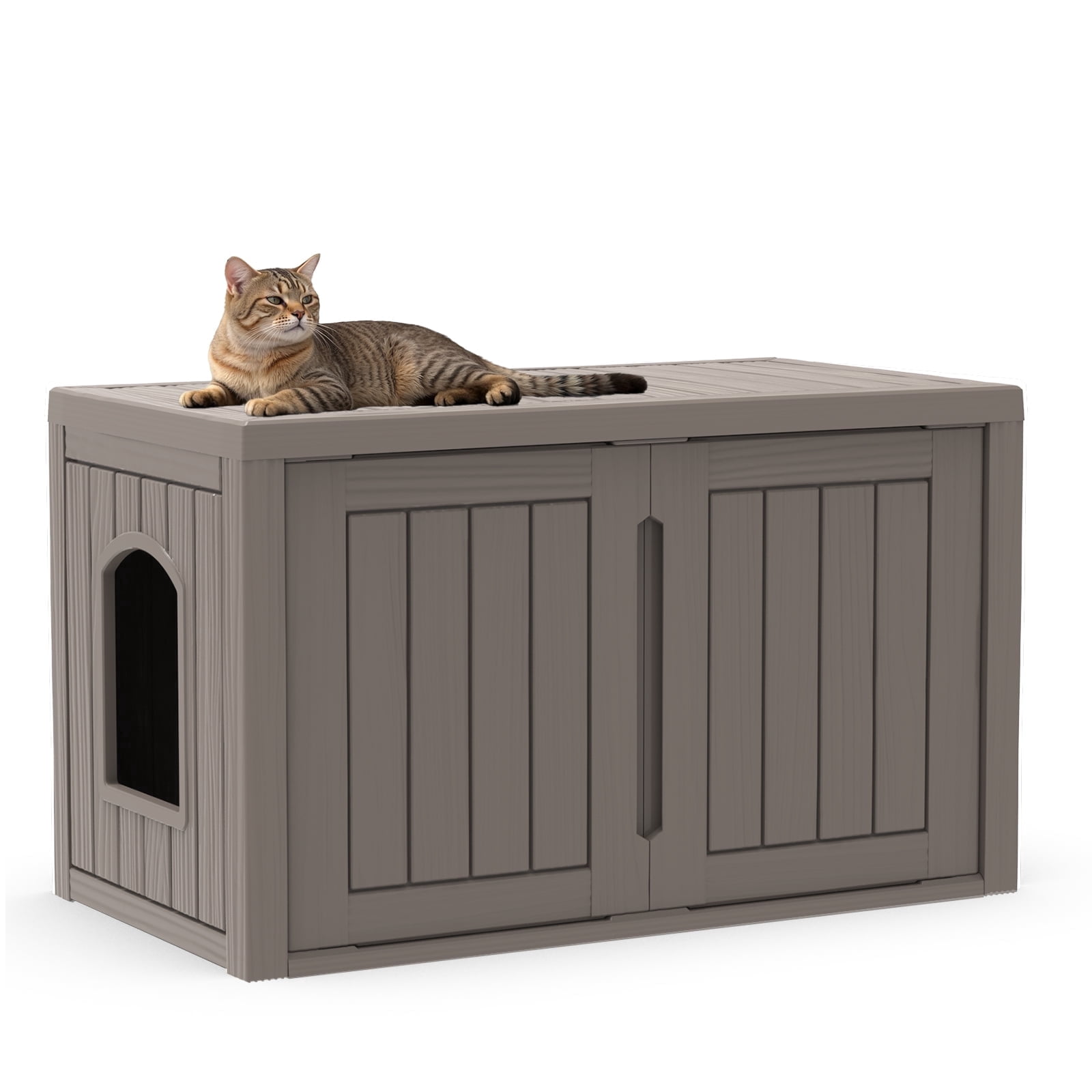 Joxxoaa Waterproof Outdoor Cat House, Weatherproof Plastic Cat Shelter with Double Doors, Enclosed Cat Litter Box Enclosure for Indoor Outdoor Use(Brown)
