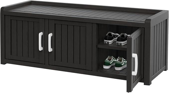 Joxxoaa storage Benches 120 Gallon 3-Door Shoe Cabinet – Resin Shoe Bench with Storage for Entryway & Hallway (Black, Three-Door)