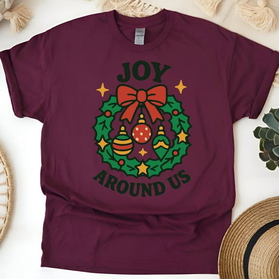 Joy Around Us Graphic Tee | Holiday Wreath Shirt | Unisex Casual T-Shirt, Maroon, Size 3XL