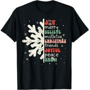 Joy Believe Mistletoe Christmas Friends Groovy Snowflakes T-Shirt