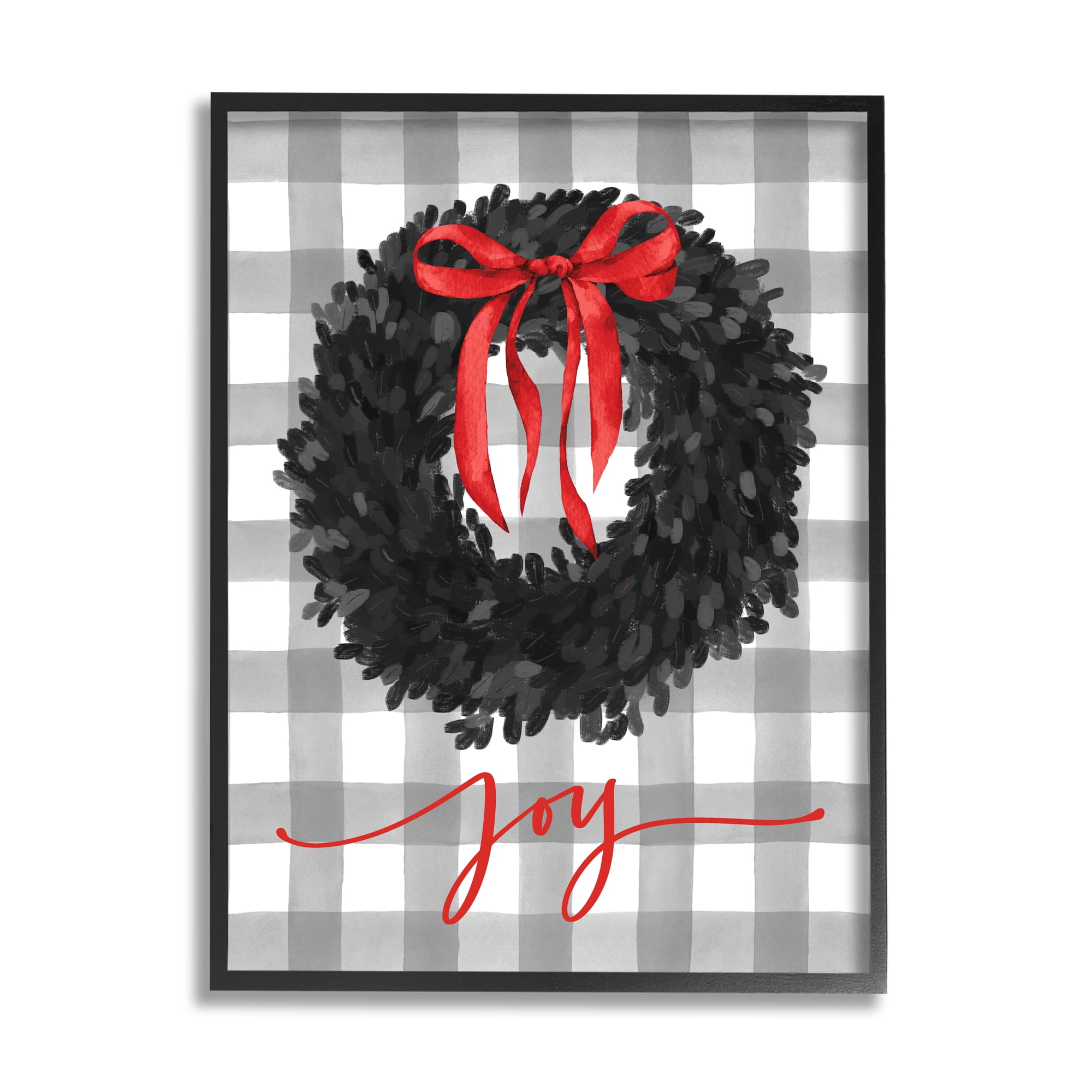 Joy Calligraphy Holiday Wreath Plaid Red Bow Botanical & Floral Graphic Art Framed Art Print Wall Art