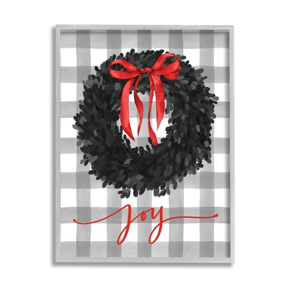 Joy Calligraphy Holiday Wreath Plaid Red Bow Botanical & Floral Graphic Art Framed Art Print Wall Art