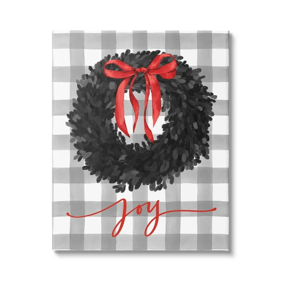 Joy Calligraphy Holiday Wreath Plaid Red Bow Botanical & Floral Graphic Art Gallery-Wrapped Canvas Print Wall Art