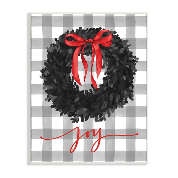 Joy Calligraphy Holiday Wreath Plaid Red Bow Botanical & Floral Graphic Art Unframed Art Print Wall Art