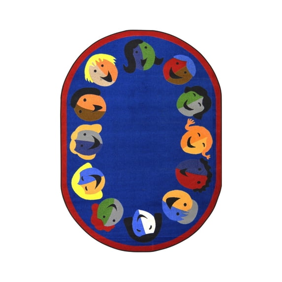 Joy Carpets 1406DD-01 Joyful Faces Blue 7 ft.8 in. x 10 ft.9 in. Oval WearOn Nylon Machine Tufted- Cut Pile Just for Kids Rug
