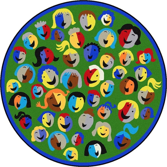 Joy Carpets Kid Essentials Joyful Faces 7'7" Round Area Rug in Color Green