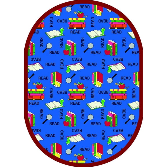 Joy Carpets Kid Essentials Bookworm 7'8" x 10'9" Oval Area Rug in Color Blue