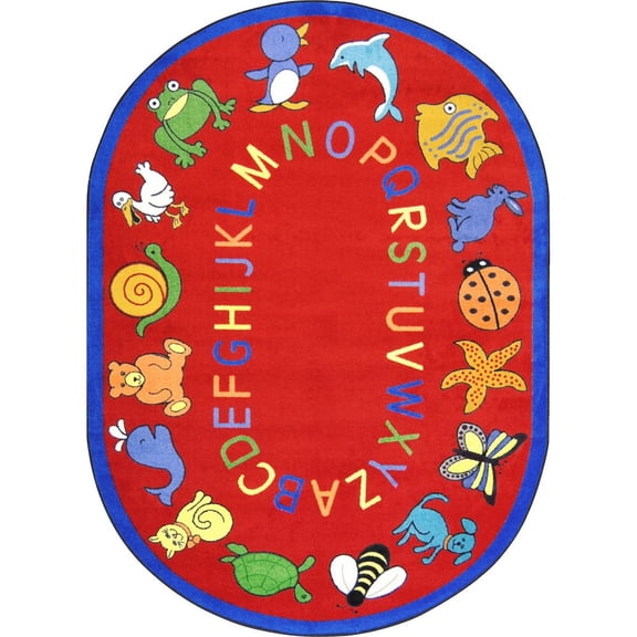 Joy Carpets Kid Essentials ABC Animals 7'8" x 10'9" Oval Area Rug in Color Red